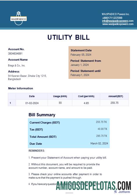 para download BANGLADESH WAZIPADICO POWER Business Utility Bill Word e modelo PDF